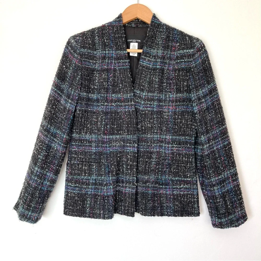Jones New York Plaid Wool Blend Collarless Jacket Blazer Blue Black 8P